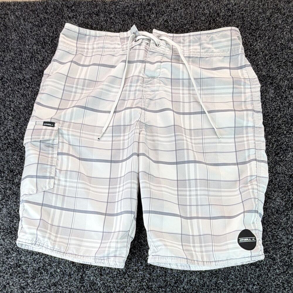 O'Neill Men's Board Shorts Size 32 White Gray Plaid Swim Trunks Surf